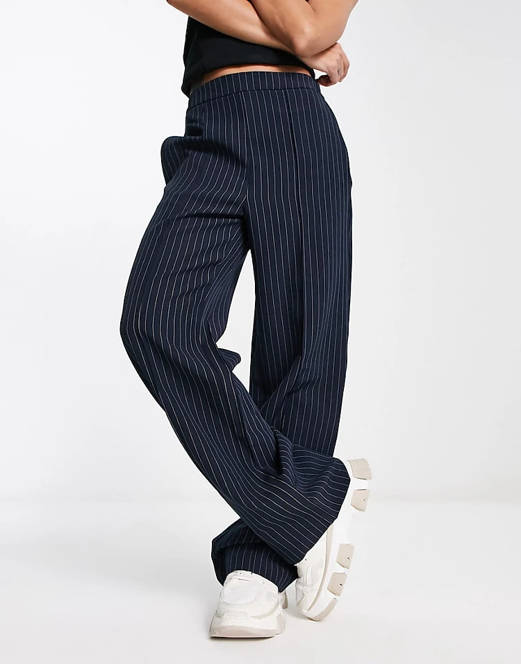 Pieces Tailored Blazer And Straight Leg Trouser In Navy Pinstripe