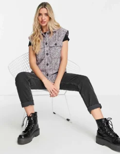 Pieces Sleeveless Gilet In Pink & Black Check For Women