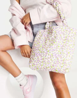 Pieces Tote Bag In Lilac & Neon Green Leopard For Women Lilac & Green