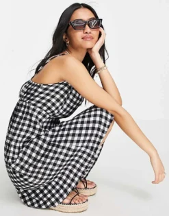 Pieces Exclusive Mini Cami Bust Detail Dress In Black Gingham For Women