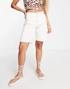 Pieces Longline Denim Shorts In Ecru For Women