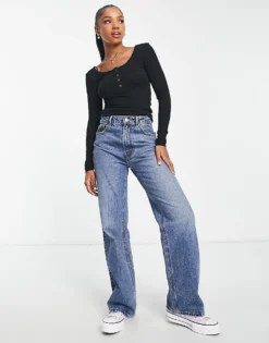 Pieces Ribbed Popper Detail Top In Black For Women