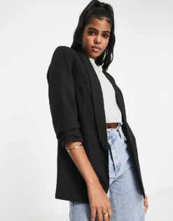 Pieces Ruched Sleeve Blazer In Black For Women