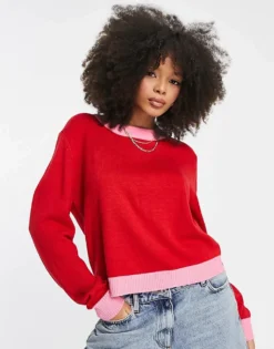 Pieces Exclusive Colourblock Jumper In Pink And Red For Women Pink & Red