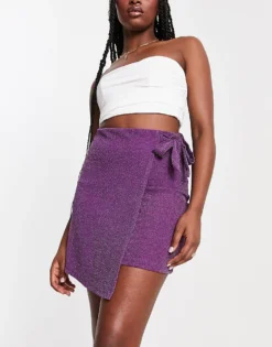 Pieces Tie Side Mini Skirt In Purple Glitter For Women