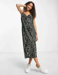 Pieces Midi Cami Dress In Black And Green Floral For Women Multi