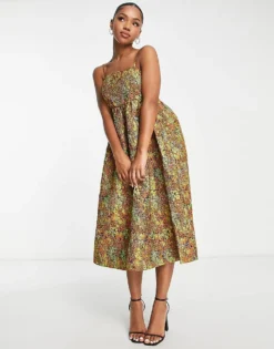 Pieces Premium Jacquard Midi Babydoll Dress In Orange Floral For Women