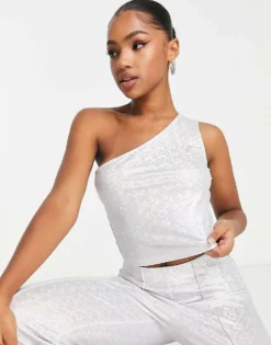 Pieces Premium Exclusive Holographic One Shoulder Top Co-ord In Silver For Women