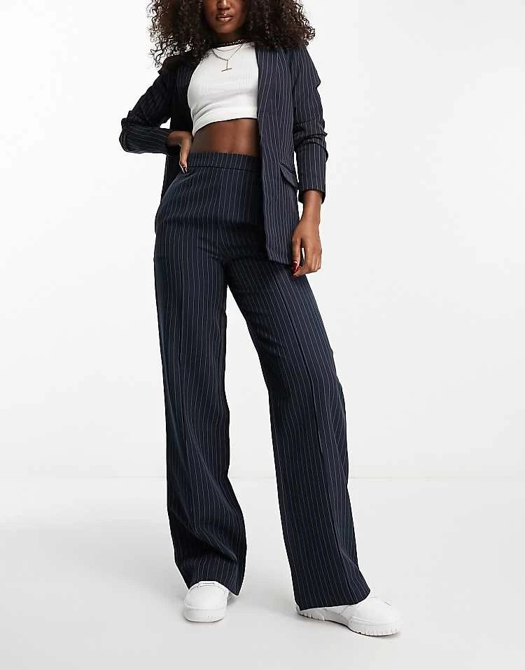 Pieces Tailored Blazer And Straight Leg Trouser In Navy Pinstripe - Image 3