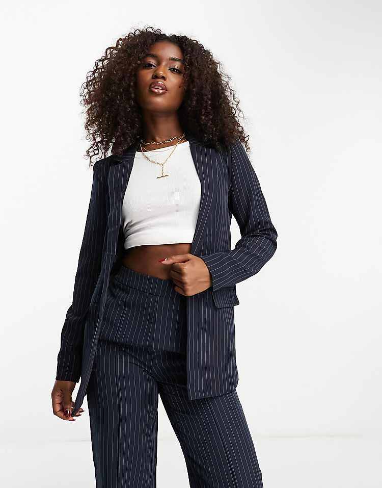 Pieces Tailored Blazer And Straight Leg Trouser In Navy Pinstripe - Image 2