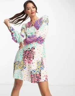 Pieces Exclusive Wrap Mini Dress In Patchwork Floral For Women