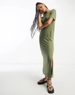Pieces Ribbed Maxi T-shirt Dress In Khaki For Women
