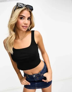 Pieces Square Neck Crop Top In Black For Women
