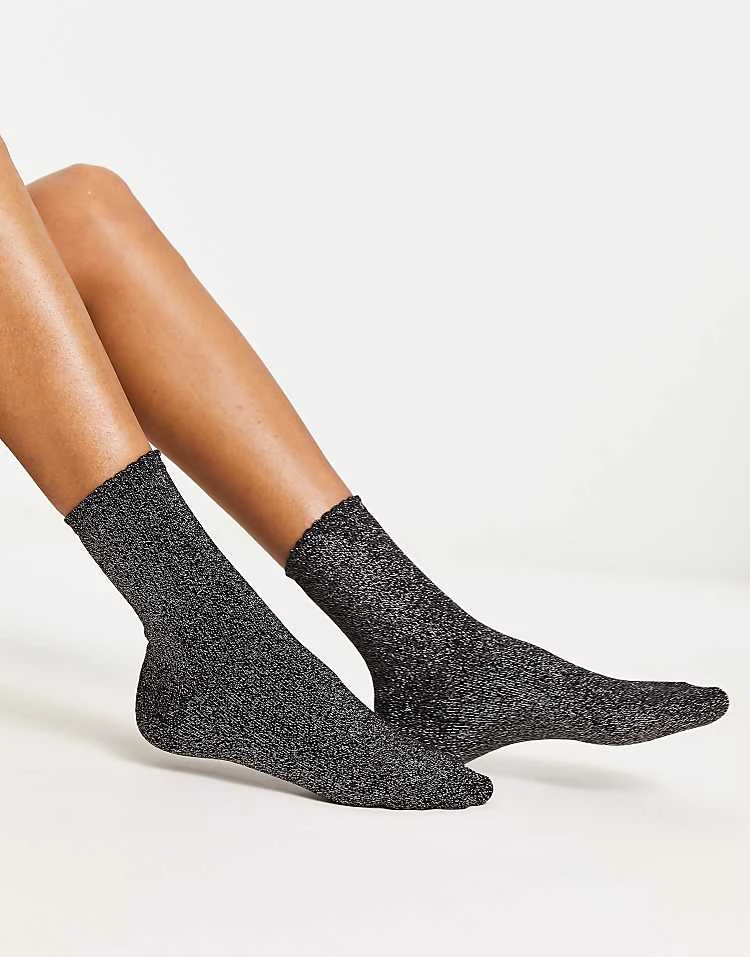 Pieces Glitter Socks In Silver Black For Women Black & Silver - Image 5