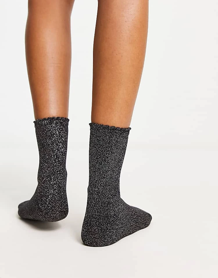 Pieces Glitter Socks In Silver Black For Women Black & Silver - Image 2