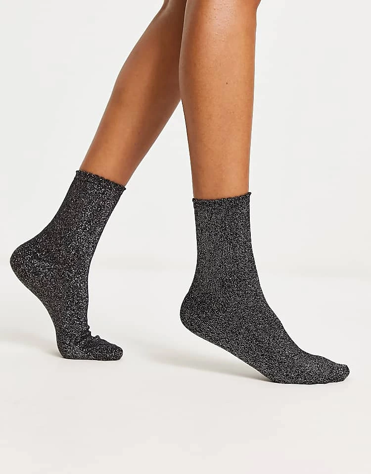 Pieces Glitter Socks In Silver Black For Women Black & Silver - Image 3