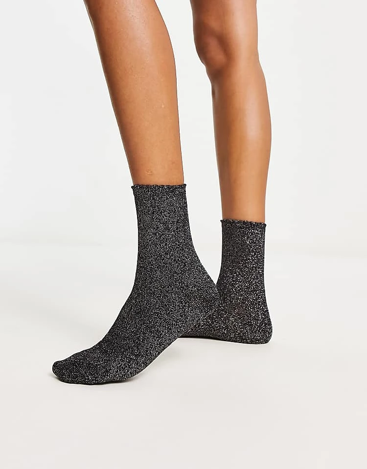 Pieces Glitter Socks In Silver Black For Women Black & Silver - Image 4