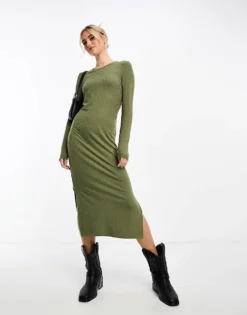 Pieces Scoop Neck Bodycon Midi Dress In Khaki For Women