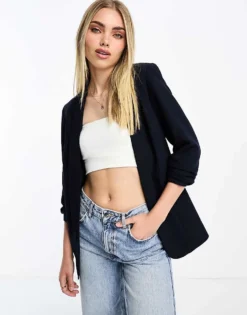 Pieces Ruched Sleeve Blazer In Navy For Women 15 A Night Sky