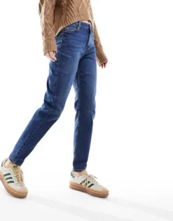 Pieces Kesia Mom Jeans In Dark Blue Denim For Women