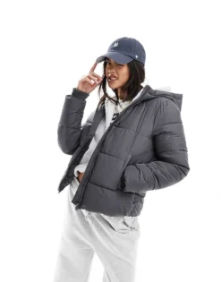 Pieces Padded Coat With Hood In Charcoal Grey For Women