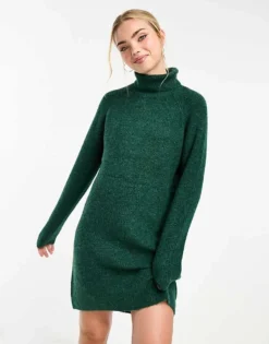 Pieces Roll Neck Mini Jumper Dress In Dark Green For Women