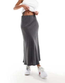 Pieces Matte Satin Midi Skirt In Grey For Women