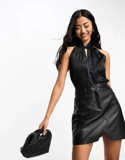 Pieces Satin High Neck Key Hole Detail Top In Black For Women