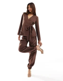 Pieces Formal Woven Jogger Co-ord In Chocolate Brown For Women Shaved Chocolate
