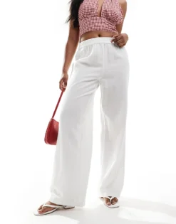 Pieces Linen Touch Wide Leg Trouser In White For Women