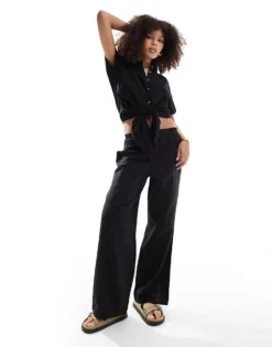 Pieces Linen Touch Wide Leg Trouser Co-ord In Black For Women