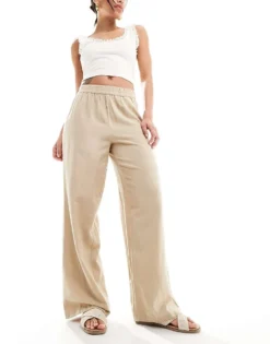 Pieces Linen Touch Wide Leg Trousers In Camel For Women