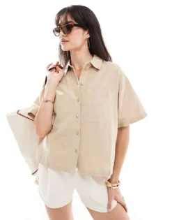 Pieces Linen Touch Boxy Shirt In Beige For Women