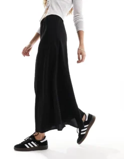 Pieces Matte Satin Midi Skirt In Black For Women