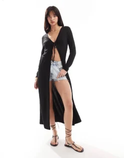 Pieces Tie Front Maxi Cardigan In Black For Women