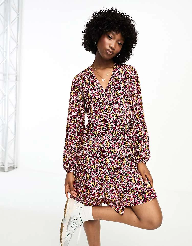 Pieces Wrap Mini Dress In Multi Ditsy Print For Women Black - Image 2