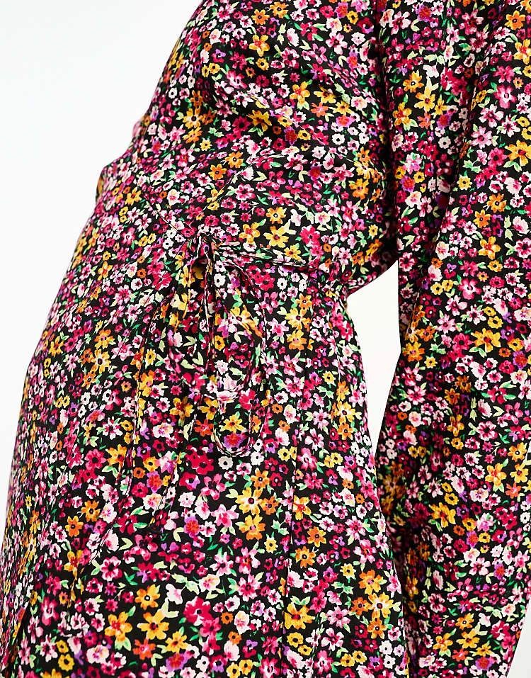 Pieces Wrap Mini Dress In Multi Ditsy Print For Women Black - Image 4