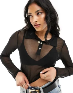 Pieces Long Sleeved Mesh Polo Top In Black For Women