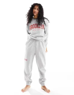 Pieces 'brooklyn' Sweatshirt And Jogger Co-ord In Grey