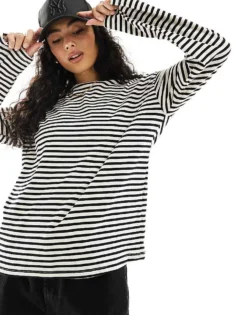 Pieces Long Sleeve Super Soft T-shirt In Black Stripe For Women