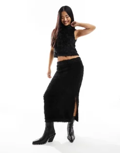 Pieces Fluffy Knit Midi Skirt Co-ord In Black For Women