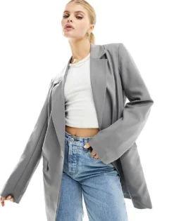 Pieces Oversized Longline Blazer In Grey For Women