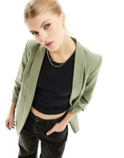 Pieces Ruched Sleeve Blazer In Khaki For Women