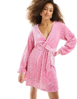 Pieces Sequin Belted Wrap Mini Dress In Pink For Women