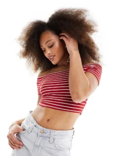 Pieces Off The Shoulder Top In Red And White Stripe For Women Red & White Stripe