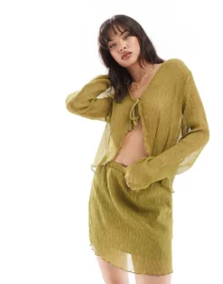 Pieces Woven Sheer Plisse Mini Skirt Co-ord In Green For Women