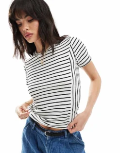 Pieces Ribbed Multi Way Stripe Short Sleeve T-shirt In Mono For Women Stripes