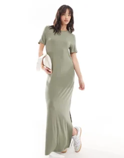 Pieces Maxi T-shirt Dress In Khaki For Women