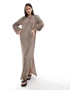 Pieces Plisse Maxi Dress With Side Splits In Stone For Women