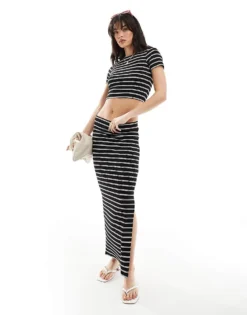 Pieces Side Split Maxi Skirt Co-ord In Black And White Stripe For Women Stripes